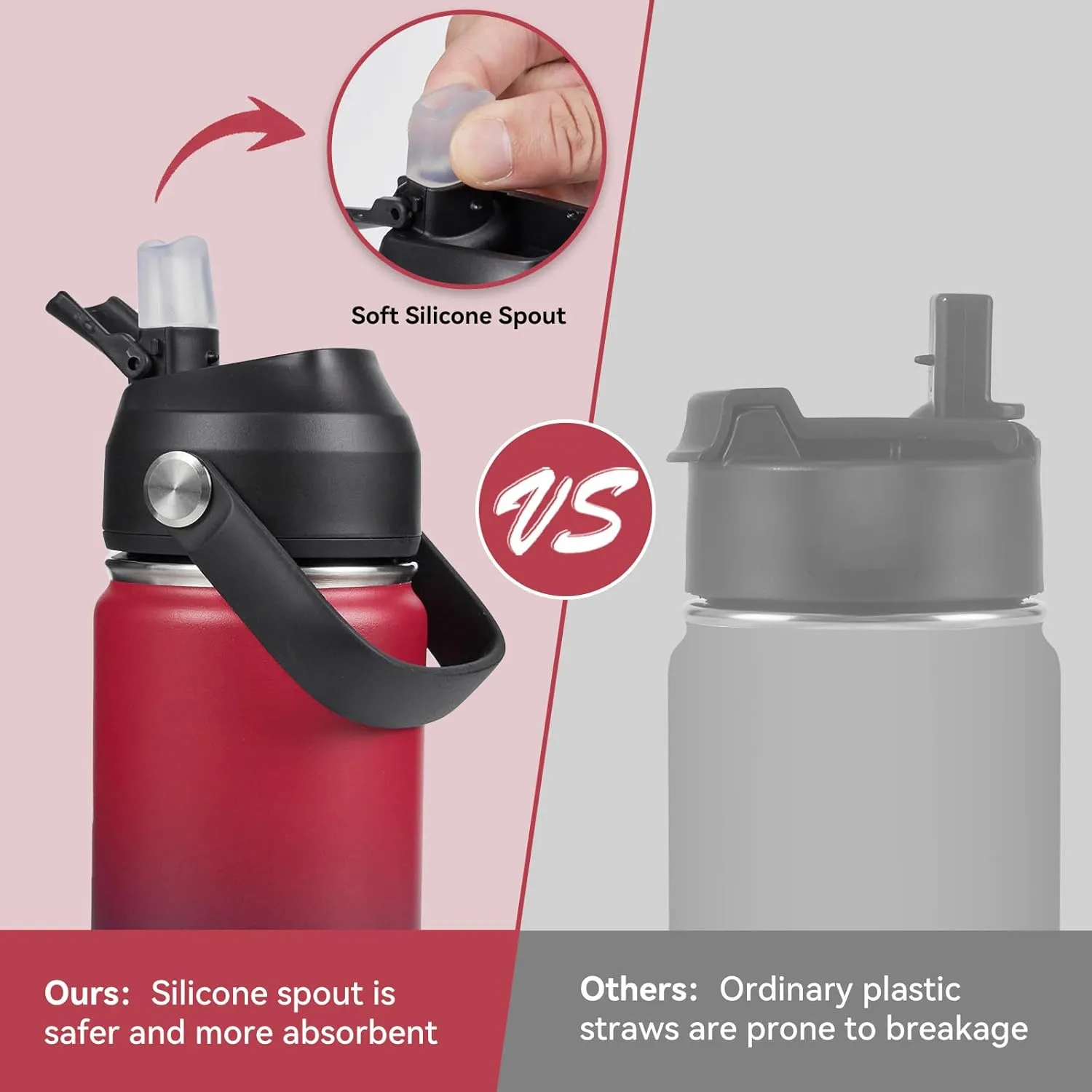 24oz Insulated Stainless Steel Water Bottle, Wide Mouth Double Wall Vacuum, Silicone Straw, Sweat & Leak Proof, BPA Free Insulated Water Flask for Travel, Keep Cold 24h Hot 12h, Red