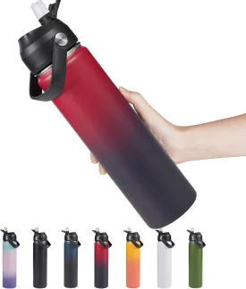 24oz Insulated Stainless Steel Water Bottle, Wide Mouth Double Wall Vacuum, Silicone Straw, Sweat & Leak Proof, BPA Free Insulated Water Flask for Travel, Keep Cold 24h Hot 12h, Red
