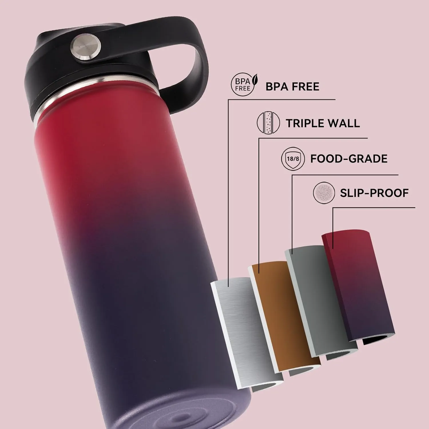 24oz Insulated Stainless Steel Water Bottle, Wide Mouth Double Wall Vacuum, Silicone Straw, Sweat & Leak Proof, BPA Free Insulated Water Flask for Travel, Keep Cold 24h Hot 12h, Red