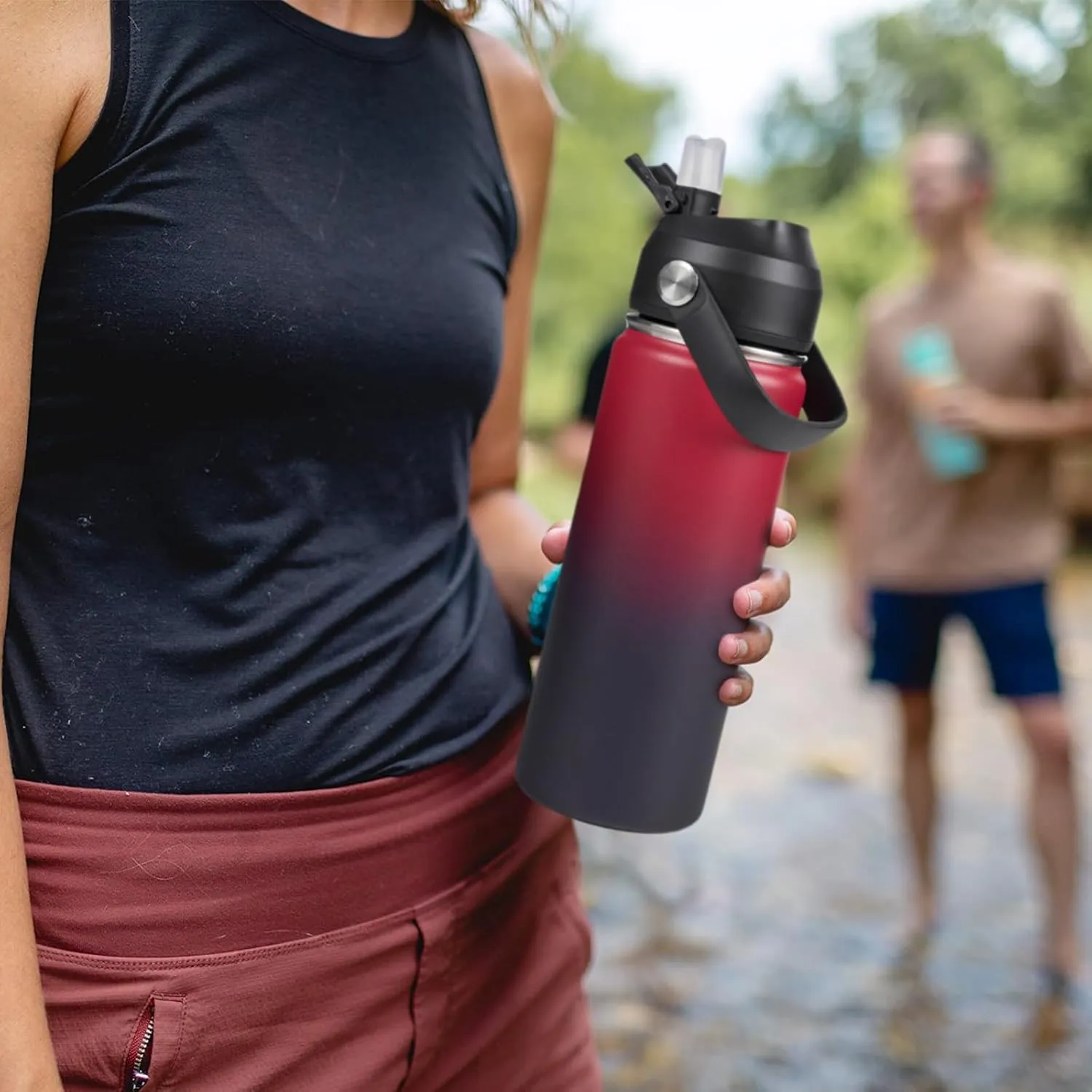 24oz Insulated Stainless Steel Water Bottle, Wide Mouth Double Wall Vacuum, Silicone Straw, Sweat & Leak Proof, BPA Free Insulated Water Flask for Travel, Keep Cold 24h Hot 12h, Red