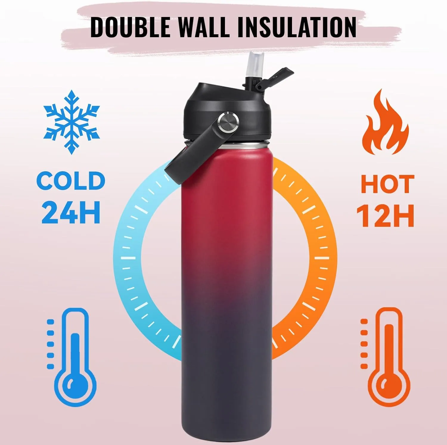 24oz Insulated Stainless Steel Water Bottle, Wide Mouth Double Wall Vacuum, Silicone Straw, Sweat & Leak Proof, BPA Free Insulated Water Flask for Travel, Keep Cold 24h Hot 12h, Red