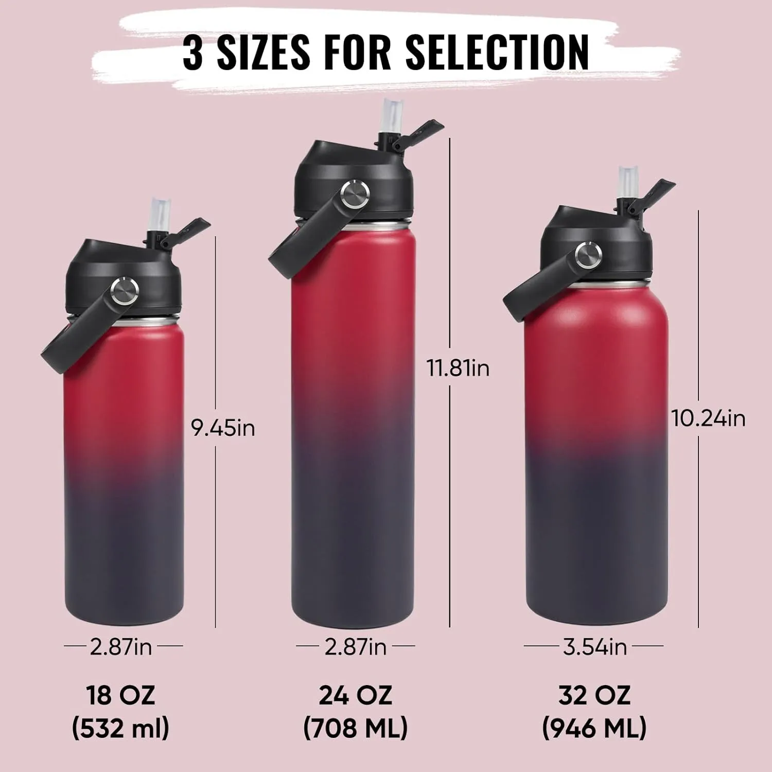 24oz Insulated Stainless Steel Water Bottle, Wide Mouth Double Wall Vacuum, Silicone Straw, Sweat & Leak Proof, BPA Free Insulated Water Flask for Travel, Keep Cold 24h Hot 12h, Red