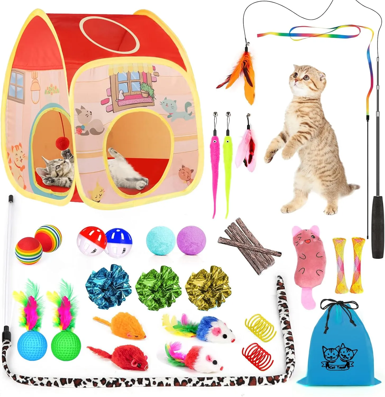 34Pcs Interactive Cat Toys Set With Collapsible Tunnel Tent for Indoor Cats, Retractable Wand, Catnip, Feather Teaser, Fluffy Mouse, Crinkle Balls for Kitten, Kitty