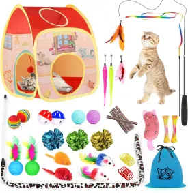 34Pcs Interactive Cat Toys Set With Collapsible Tunnel Tent for Indoor Cats, Retractable Wand, Catnip, Feather Teaser, Fluffy Mouse, Crinkle Balls for Kitten, Kitty