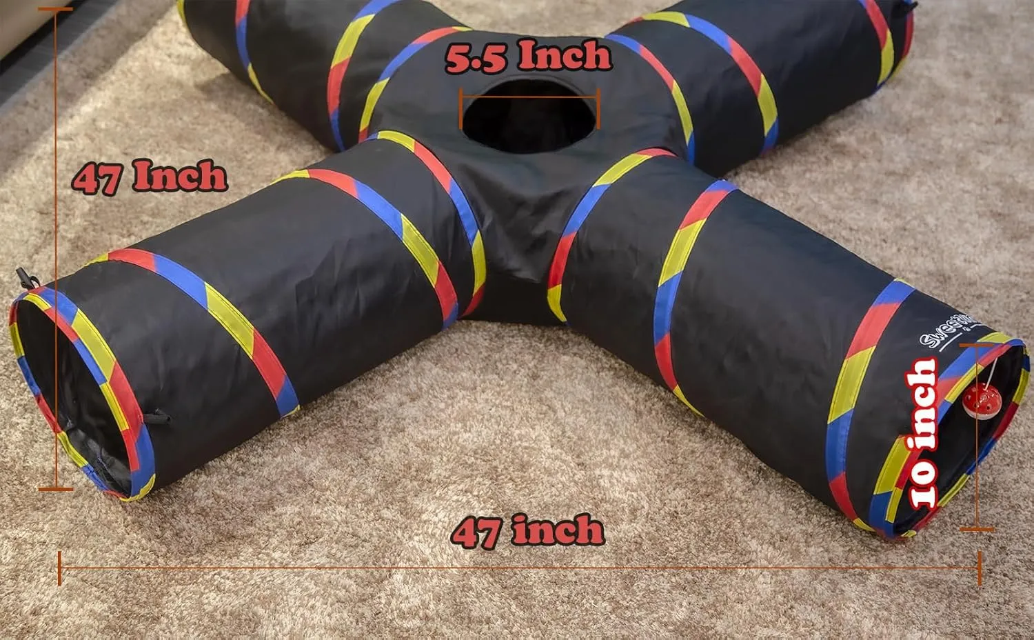 4 Way Large Cat Tunnels for Indoor Cats - 10" Diameter & 47" Long Play Tunnel Toy - Cat Tube with Play Ball & Mouse Toy - Interactive Peephole (Black)