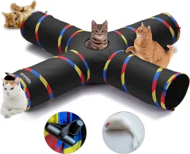 4 Way Large Cat Tunnels for Indoor Cats - 10" Diameter & 47" Long Play Tunnel Toy - Cat Tube with Play Ball & Mouse Toy - Interactive Peephole (Black)