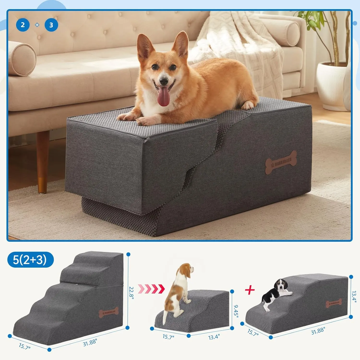 5-Step Spliceable Pet Stairs: Indoor& Outdoor Multi-Use with a Removable Cover and a Pocket, Best for Small Pets and Older Dogs Who Has Spine and Arthritis Issues to Get on High Beds, Grey22.8" H