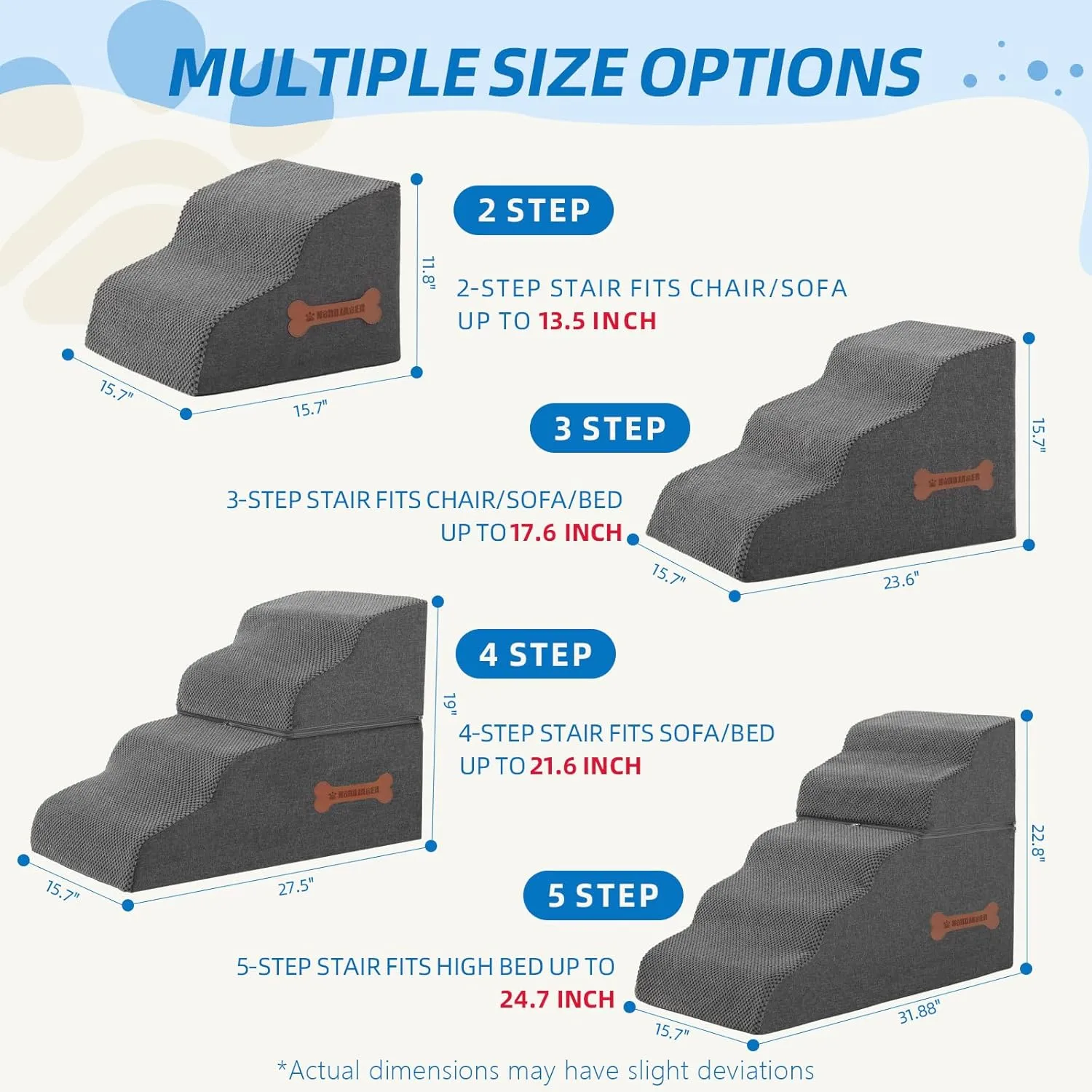 5-Step Spliceable Pet Stairs: Indoor& Outdoor Multi-Use with a Removable Cover and a Pocket, Best for Small Pets and Older Dogs Who Has Spine and Arthritis Issues to Get on High Beds, Grey22.8" H