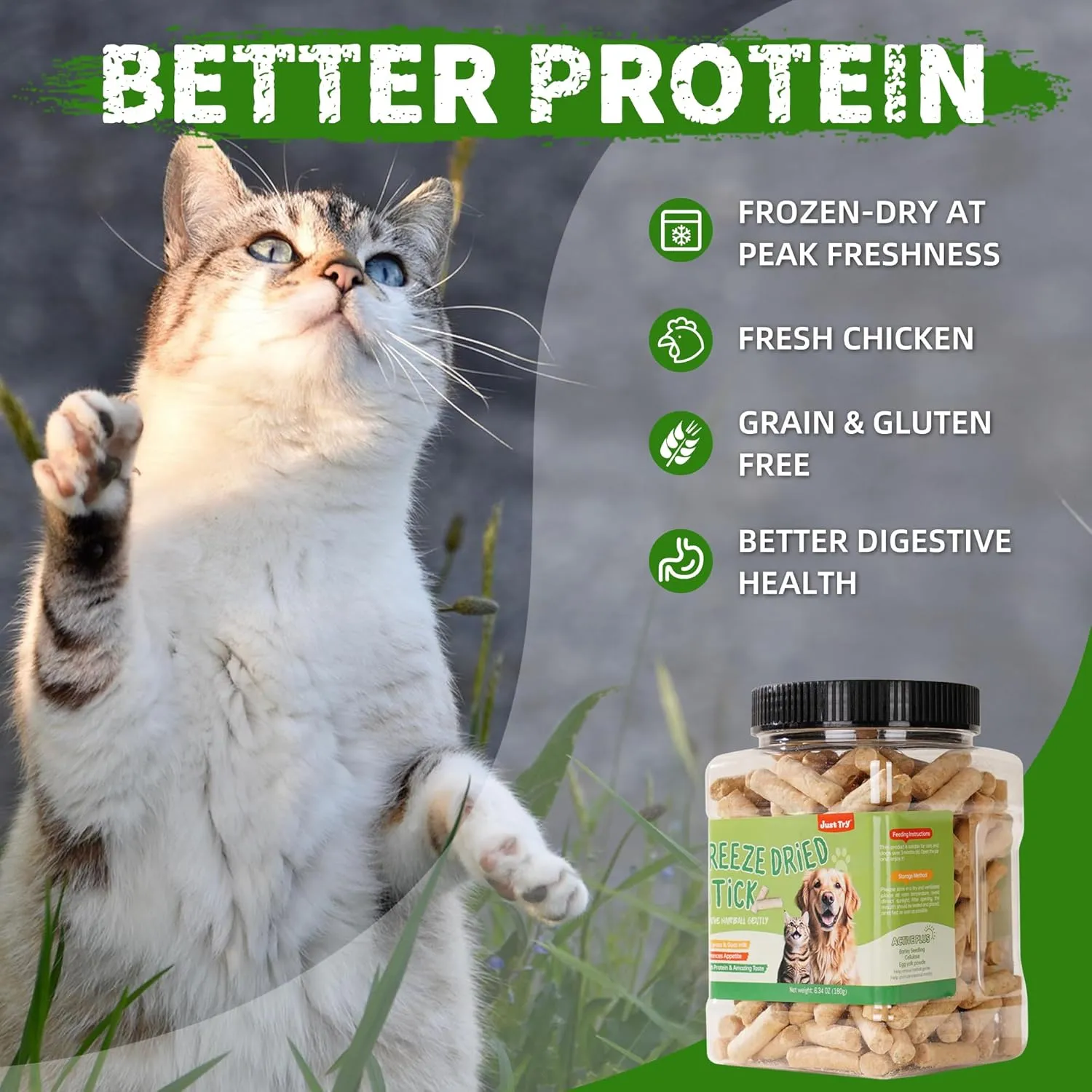 6.34OZ Cat Treats, Freeze Dried Cat Grass Teething Stick,Healthy Training Treats Food Topper,Hairball Removal Teeth Cleaning for Indoor Cats (6.34 OZ, Chicken)