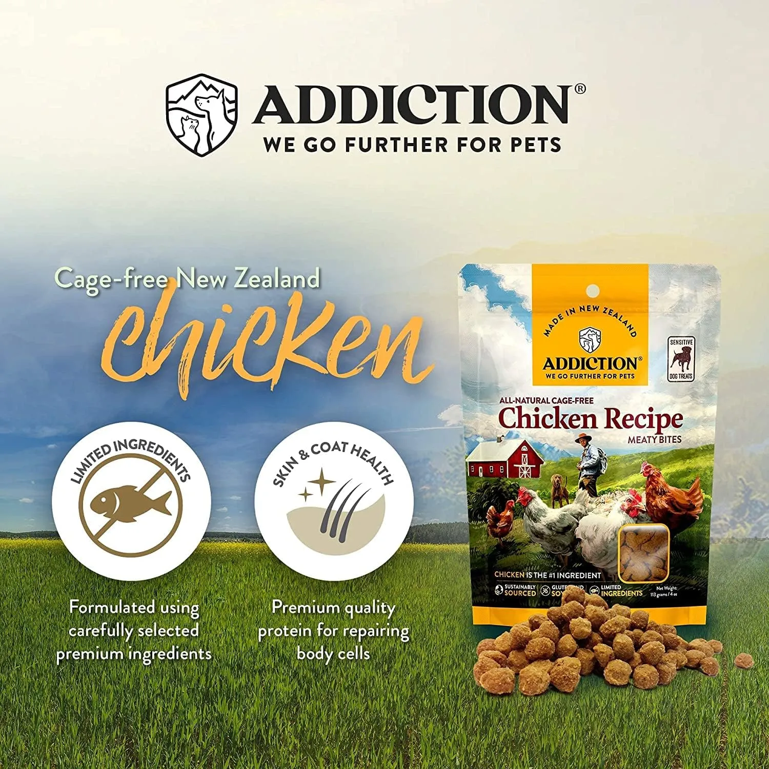 Addiction Meaty Bites - Hypoallergenic Dog Treats - Made in New Zealand - High Meat Content - Gluten and Grain-Free - Soft and Allergy Friendly (Chicken, 4 Ounces - 3 Packs)