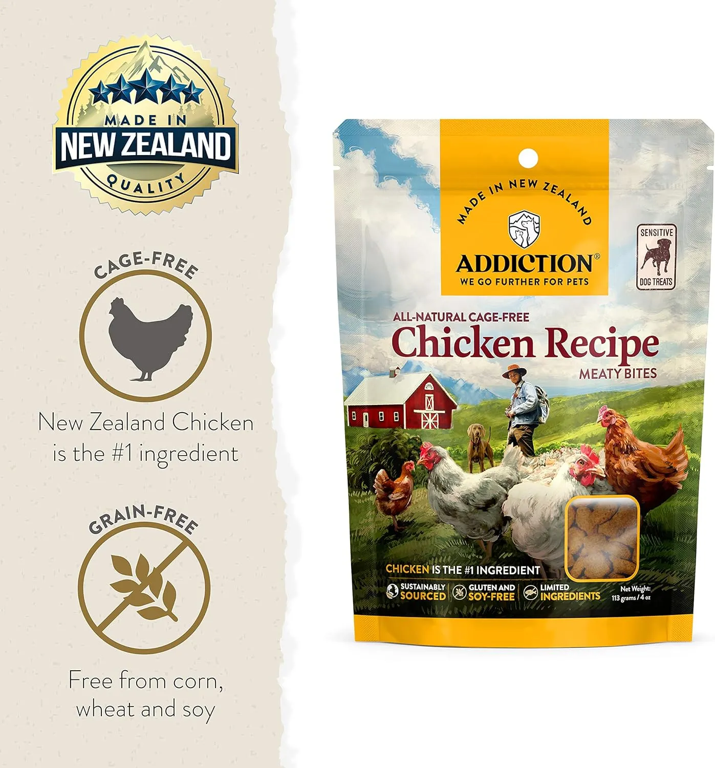 Addiction Meaty Bites - Hypoallergenic Dog Treats - Made in New Zealand - High Meat Content - Gluten and Grain-Free - Soft and Allergy Friendly (Chicken, 4 Ounces - 3 Packs)