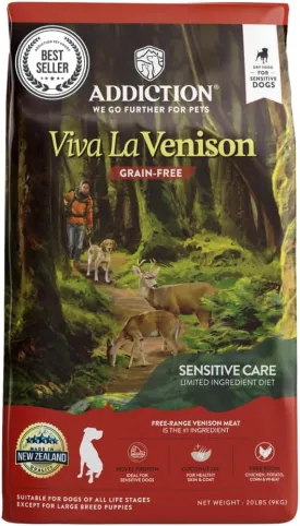 Addiction Viva La Venison Premium Grain-Free Dry Dog Food - Single Protein & Novel Meat with Probiotics - No Chicken, Beef, or Turkey - Ideal for All Dogs & Puppies 20lb