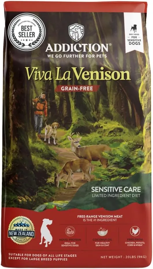 Addiction Viva La Venison Premium Grain-Free Dry Dog Food - Single Protein & Novel Meat with Probiotics - No Chicken, Beef, or Turkey - Ideal for All Dogs & Puppies 20lb