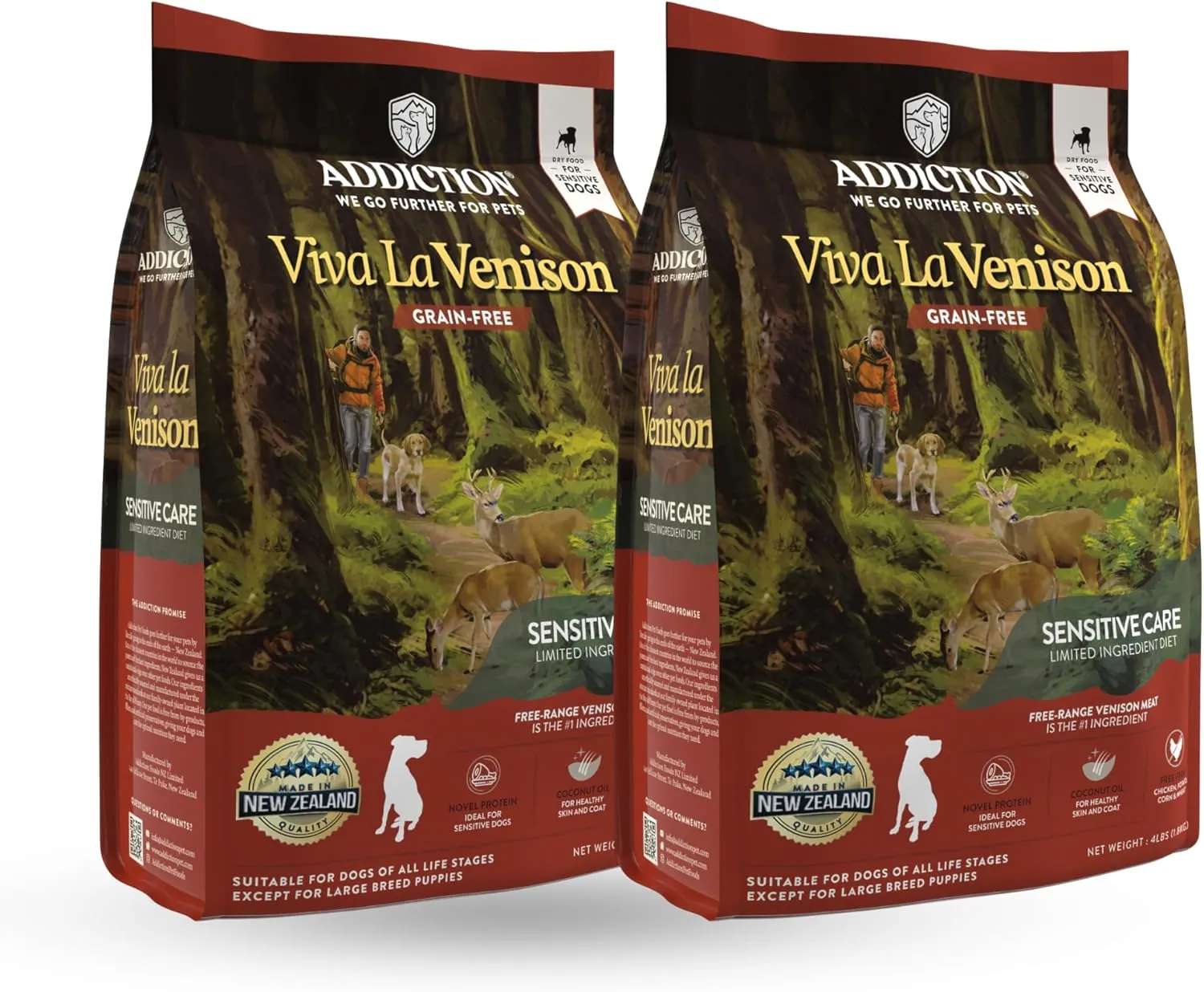 Addiction Viva La Venison Premium Grain-Free Dry Dog Food - Single Protein & Novel Meat with Probiotics - No Chicken, Beef, or Turkey - Ideal for All Dogs & Puppies 4lb - 2 Packs