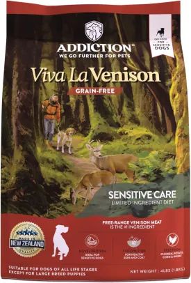 Addiction Viva La Venison Premium Grain-Free Dry Dog Food - Single Protein & Novel Meat with Probiotics - No Chicken, Beef, or Turkey - Ideal for All Dogs & Puppies 4lb