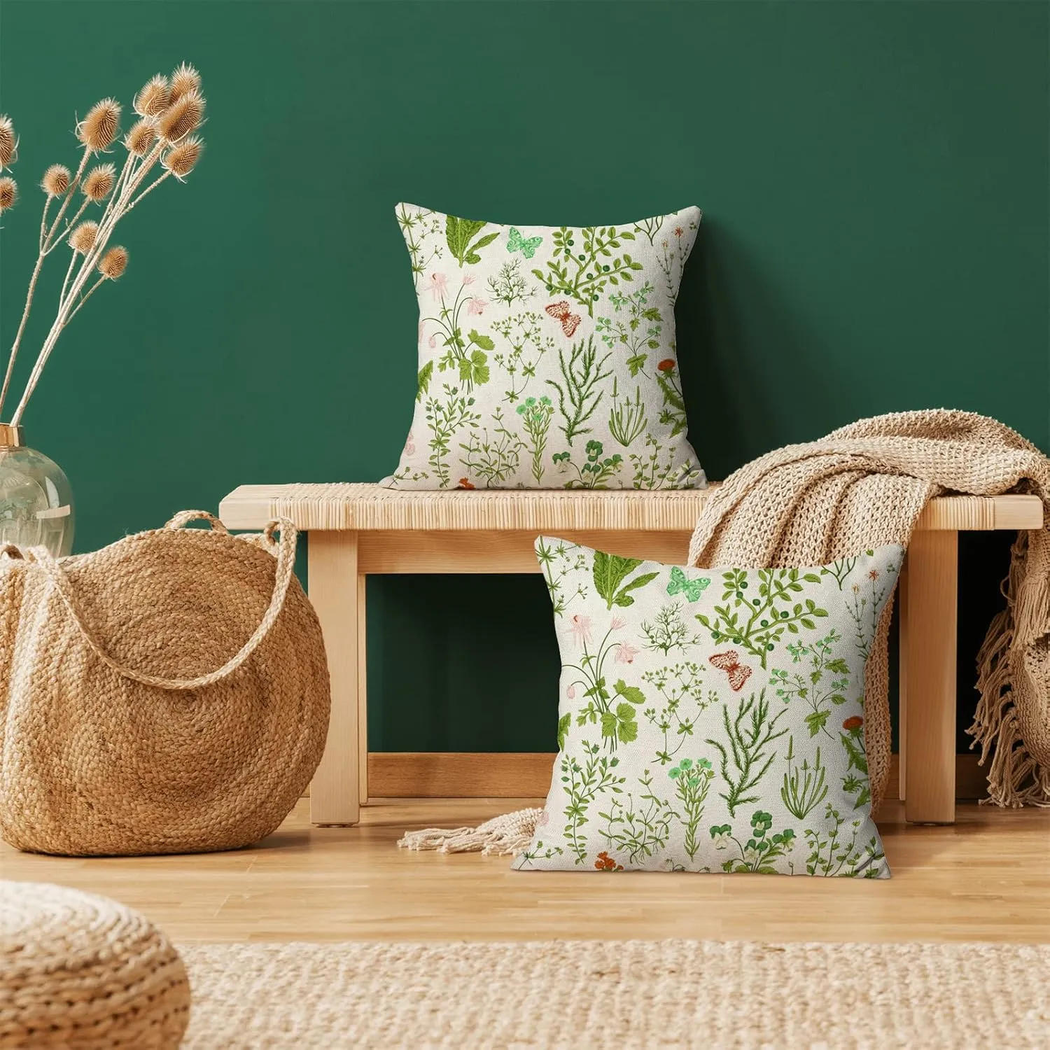 AEIOAE Summer Pillow Covers 18x18 Inch Set of 2,Green Wild Flower Plant Throw Pillows Case,Seasonal Floral Outdoor Decorative Square Linen Farmhouse Decor Cushion Covers for Home Sofa Bed Couch
