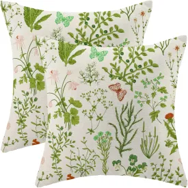 AEIOAE Summer Pillow Covers 18x18 Inch Set of 2,Green Wild Flower Plant Throw Pillows Case,Seasonal Floral Outdoor Decorative Square Linen Farmhouse Decor Cushion Covers for Home Sofa Bed Couch