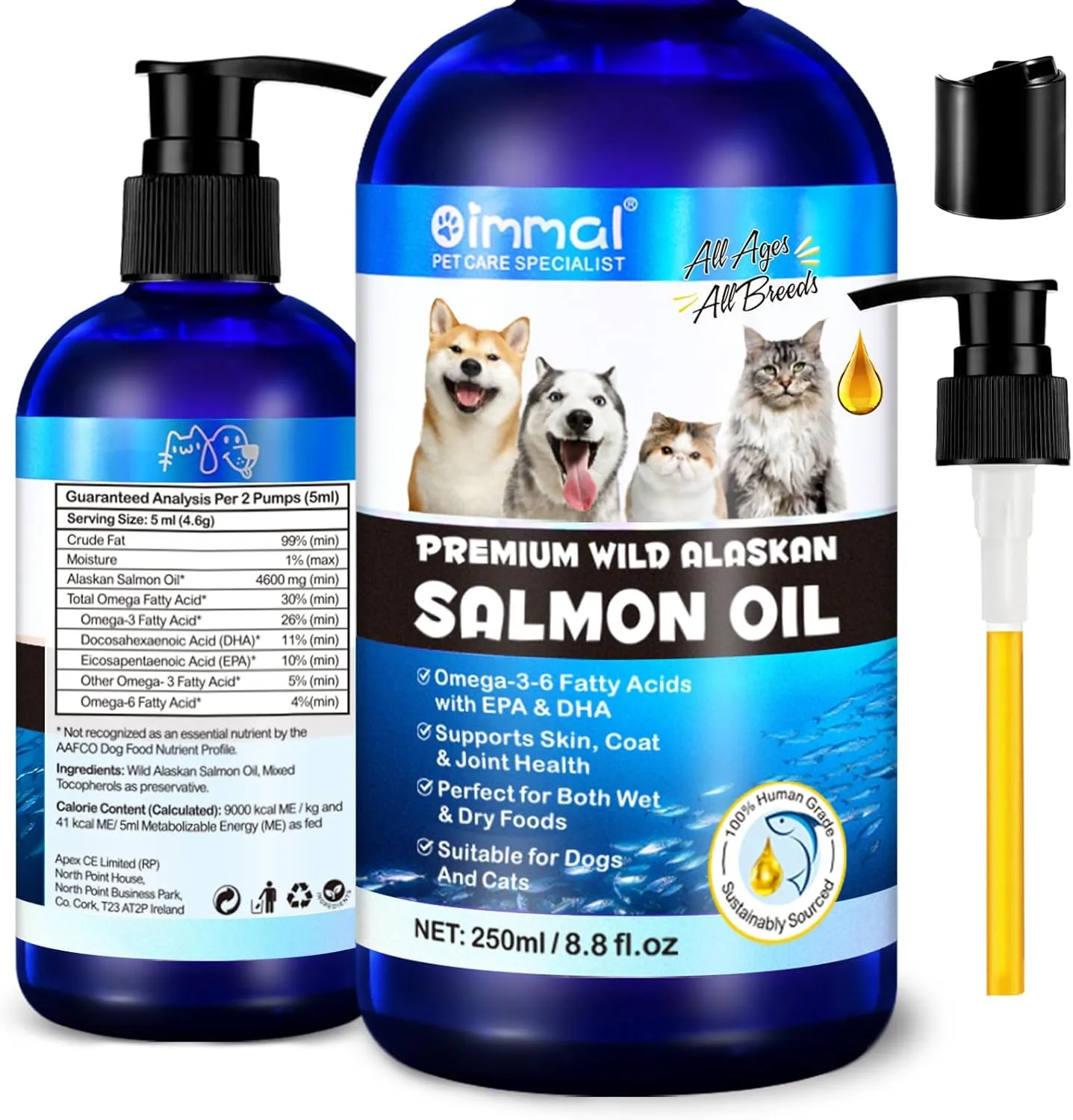 Alaskan Salmon Oil for Dogs & Cats (8.8 oz) - Pure Omega 3 Fish Oil with Omega 6 Fatty Acids, EPA & DHA - Anti-inflammation for Dogs Skin and Coat - Natural Pet Joint, Immune, Brian & Heart Supplement