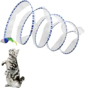Andiker Cat Tunnel Toy, 10 inch Collapsible Metal Cat Spring Toy with Nylon Mesh, Feather, Mouse, and Bell, Interactive Cat Toys for Indoor Cats to Scratch, Puzzle, Relax and Kill Time (Blue)