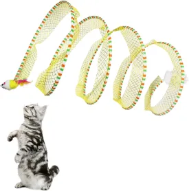 Andiker Cat Tunnel Toy, 10inch Collapsible Metal Cat Spring Toy with Nylon Mesh, Feather, Mouse, and Bell, Interactive Cat Toys for Indoor Cats to Scratch, Puzzle, Relax and Kill Time (Yellow)