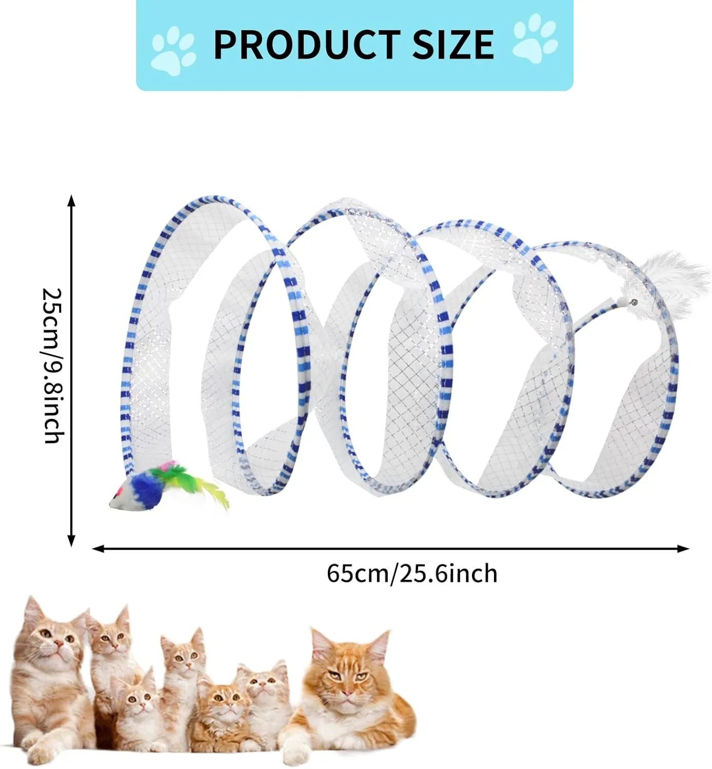 Andiker Cat Tunnel Toy, 10inch Collapsible Metal Cat Spring Toy with Nylon Mesh, Feather, Mouse, and Bell, Interactive Cat Toys for Indoor Cats to Scratch, Puzzle, Relax and Kill Time (Yellow)