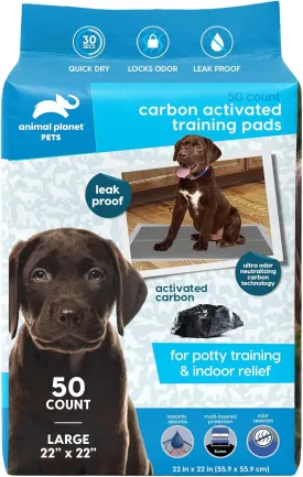Animal Planet Pets Charcoal Puppy Pads | Extra Absorbent Dog Pee Pads - Quick Dry, Leak-Proof, Odor Neutralizing with Activated Carbon | Large 22" x 22" - 50 Count