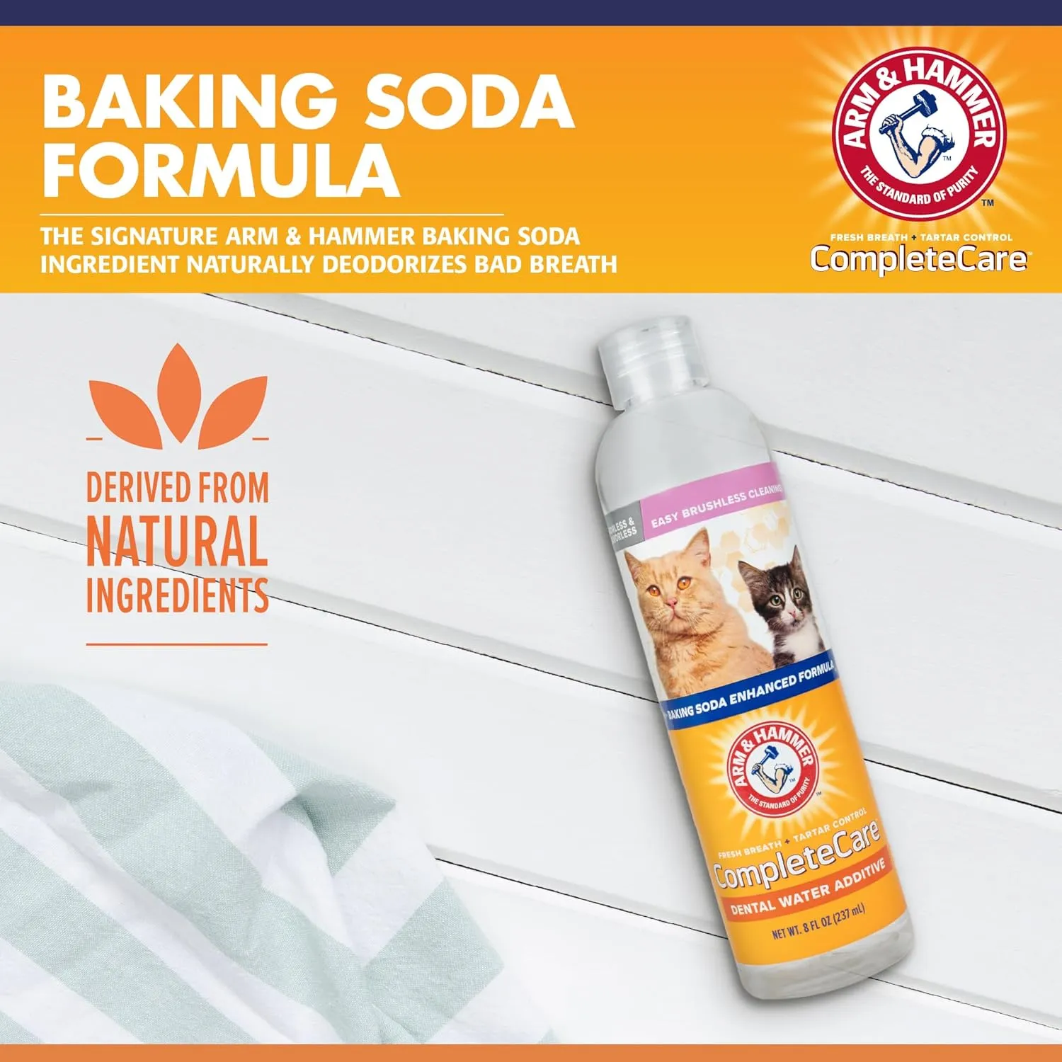 Arm & Hammer Complete Care Fresh Dental Water Additive for Cats - Cat Dental Care Solution for Bad Breath, Includes Cat Toothpaste Enzymatic Action, Ideal for Cat Grooming Supplies, 8 Fl Oz - 2 Pack