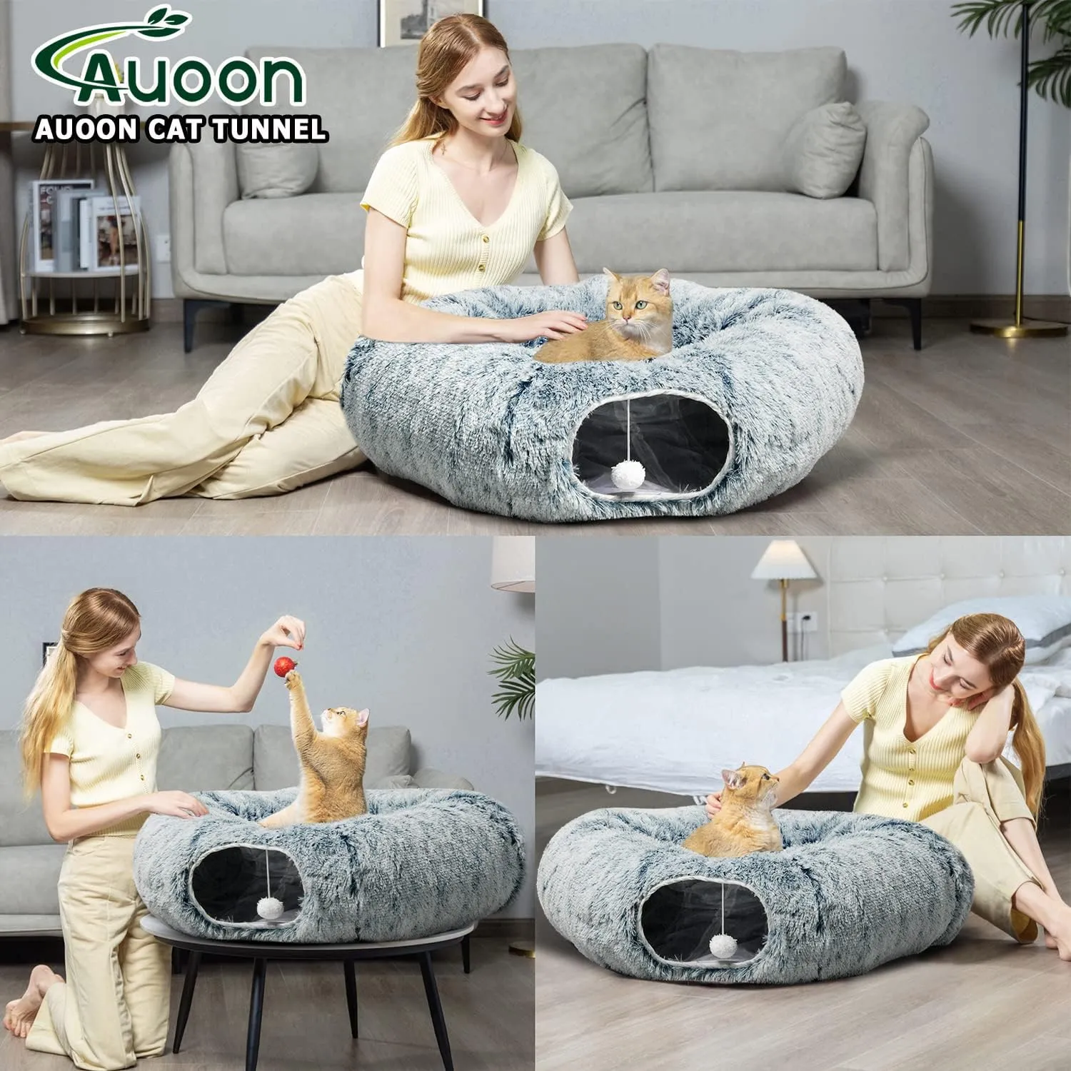 AUOON Cat Tunnel Bed with Central Mat,Big Tube Playground Toys,Soft Plush Material,Full Moon Shape for Kitten,Cat,Puppy,Rabbit,Ferret (Gray)