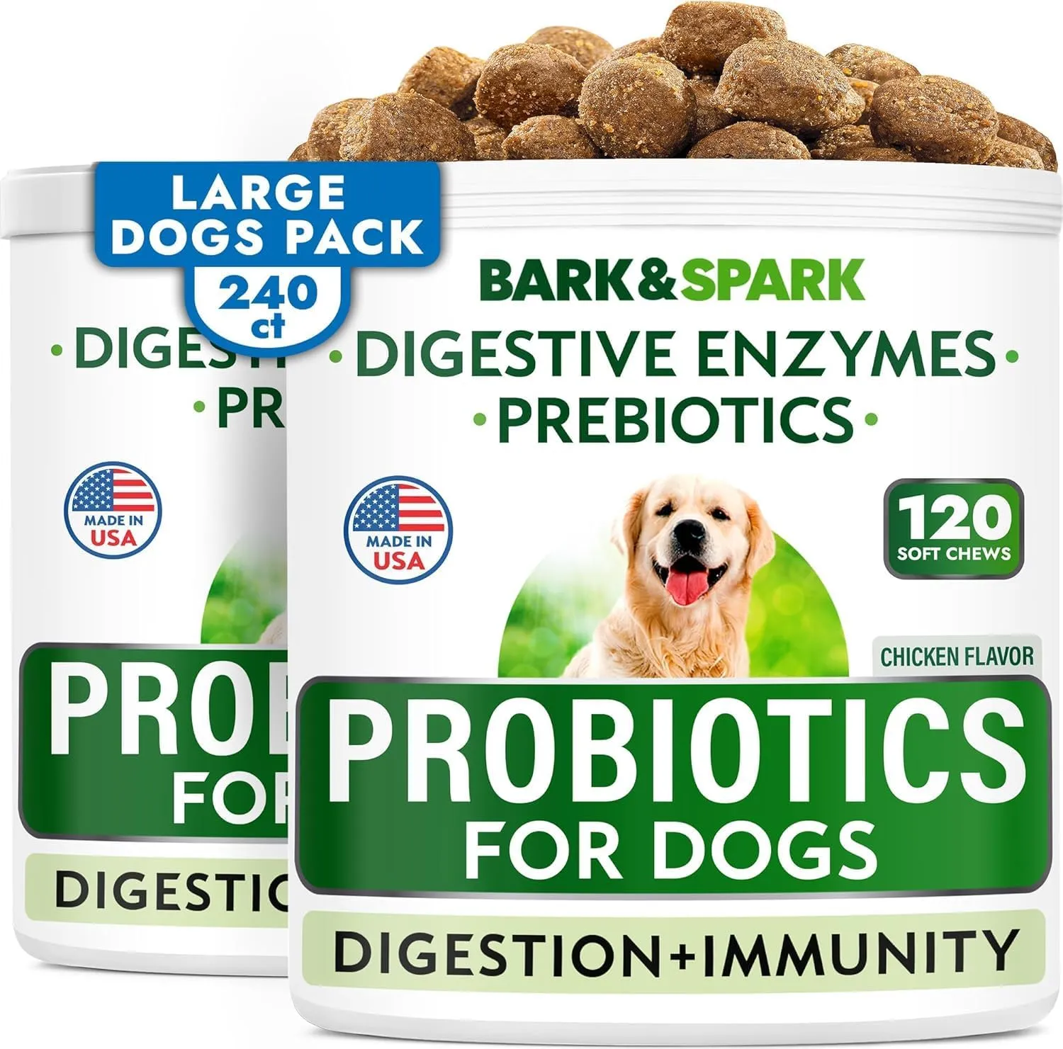 BARK&SPARK Dog Probiotics & Digestive Enzymes (Gut Health) Allergy & Itchy Skin - Pet Diarrhea Gas Treatment Upset Stomach Relief, Digestion Health Prebiotic Supplement Dog Treats (240Ct Chicken)