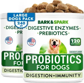 BARK&SPARK Dog Probiotics & Digestive Enzymes (Gut Health) Allergy & Itchy Skin - Pet Diarrhea Gas Treatment Upset Stomach Relief, Digestion Health Prebiotic Supplement Dog Treats (240Ct Chicken)