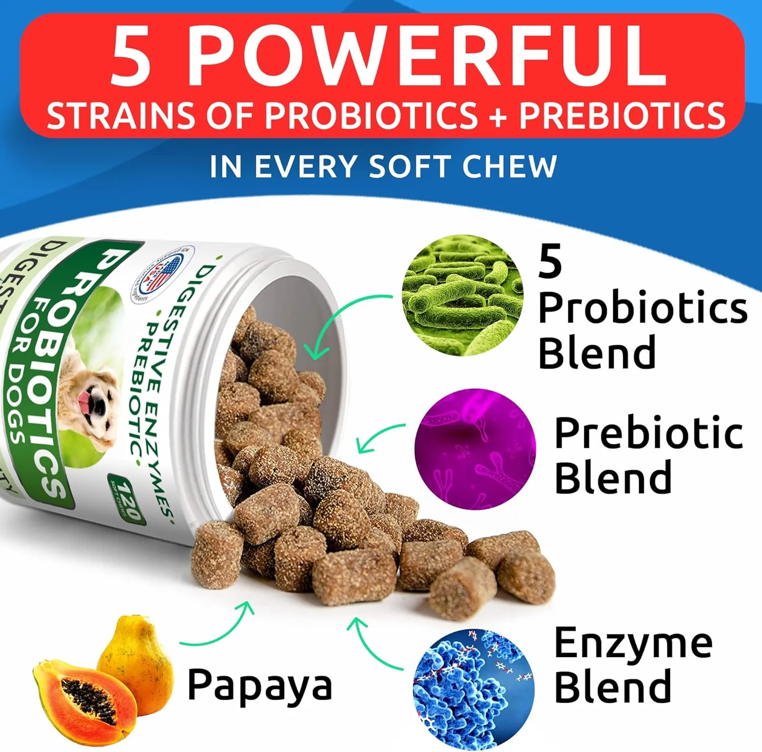 BARK&SPARK Dog Probiotics & Digestive Enzymes (Gut Health) Allergy & Itchy Skin - Pet Diarrhea Gas Treatment Upset Stomach Relief, Digestion Health Prebiotic Supplement Dog Treats (240Ct Chicken)
