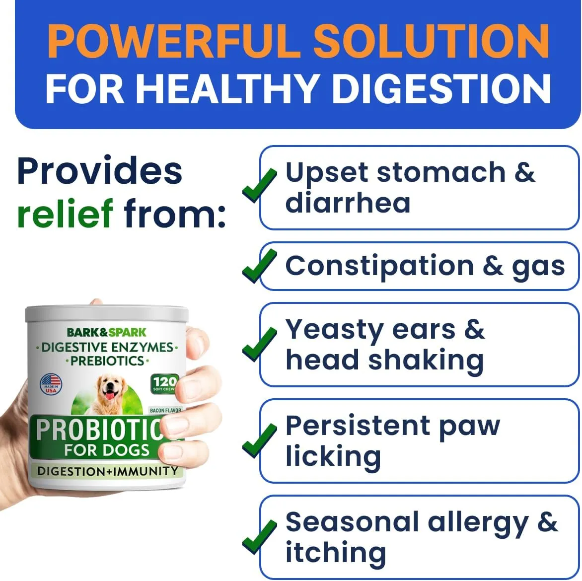 BARK&SPARK Dog Probiotics & Digestive Enzymes (Gut Health) Allergy & Itchy Skin - Pet Diarrhea Gas Treatment Upset Stomach Relief Pill, Digestion Health Prebiotic Supplement Tummy Treat (120Ct Bacon)