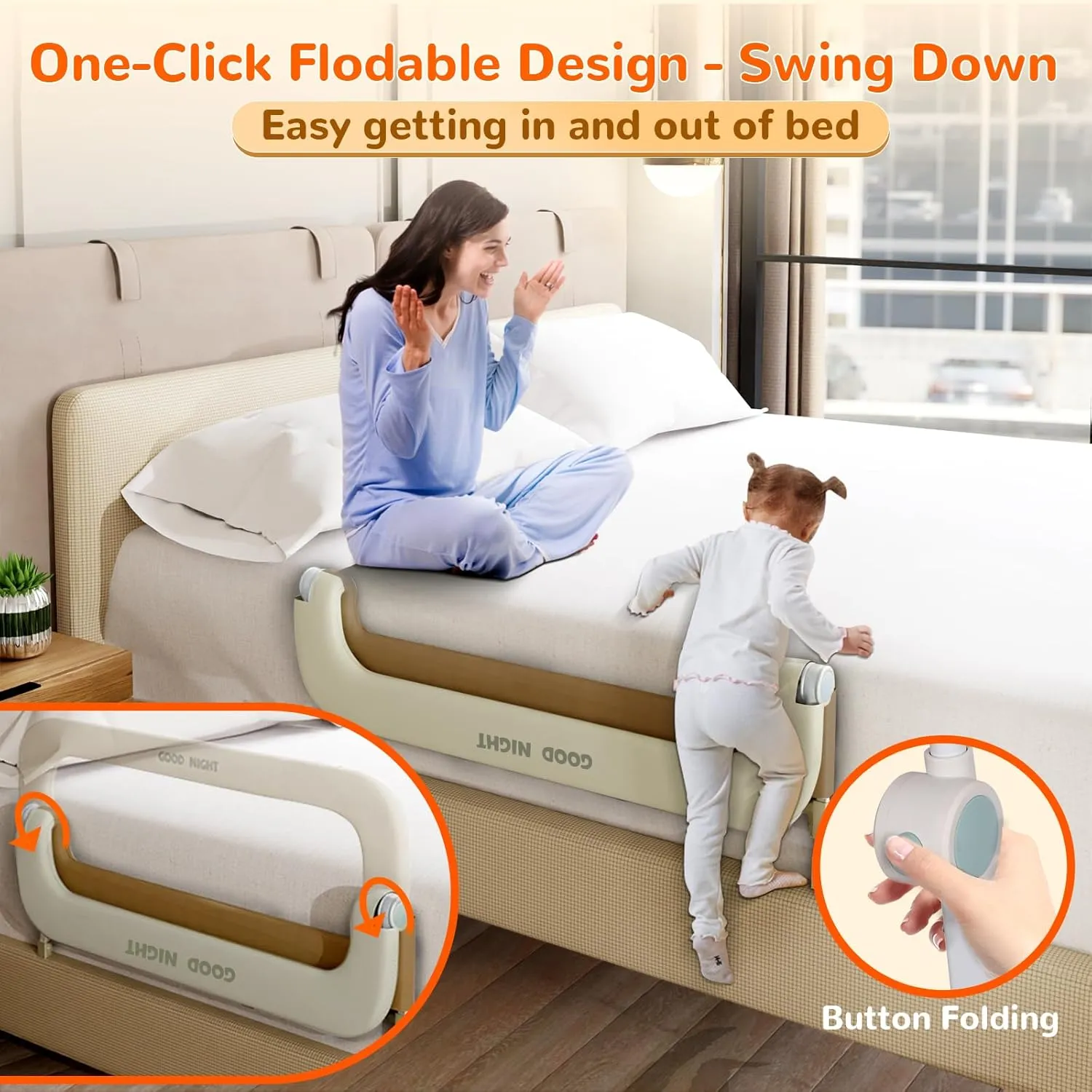 Bed Guard Rail for Toddlers - 47" Adjustable Heights & Folding up Portable Bed Railing for Baby - Toddler Bed Rails Guard for Crib, Twin, Bunk,Full Size, Queen & King Bed