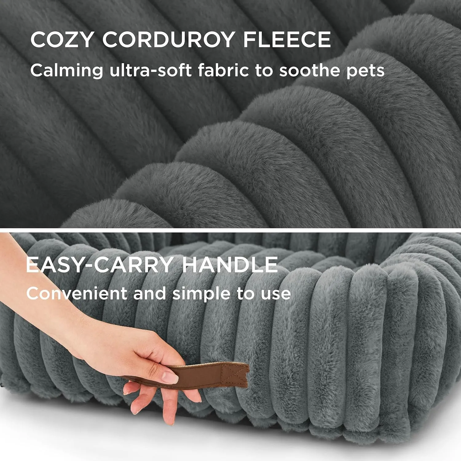 Bedsure Cute Dog Bed for Small Medium Dogs - Washable Furry Puppy Beds, Rectangle Orthopedic Corduroy Fleece Pet Beds with Removable Zipper Cover, 25x21x7inches, Warm Grey