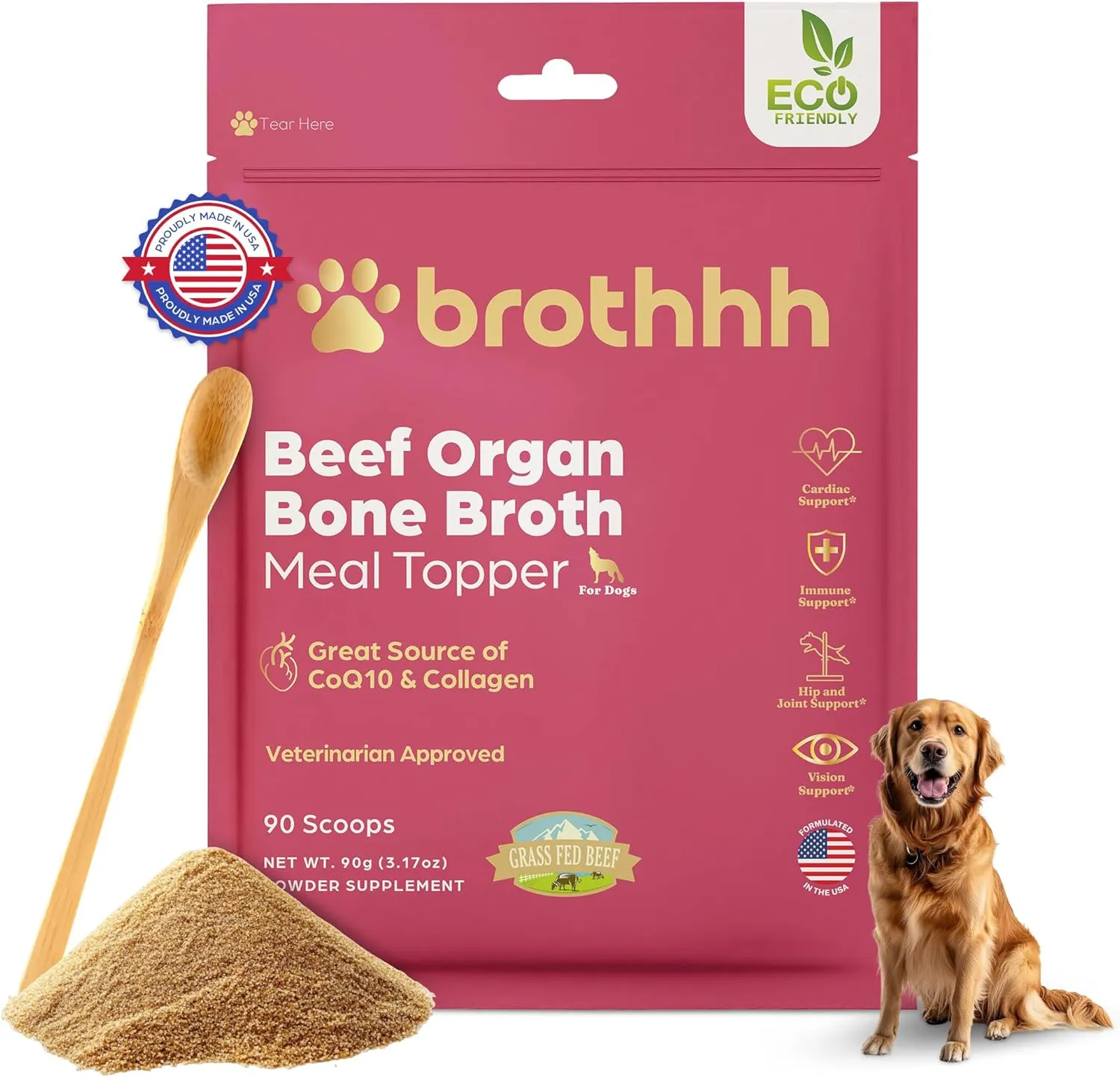 Beef Organ Bone Broth Meal Topper for Dogs - 100% Grass Fed, Veterinarian Approved, Non-GMO, Supports Joint Health, Heart Health, Vision, and Vitality - Made in The USA by Brothhh - Powder Supplement