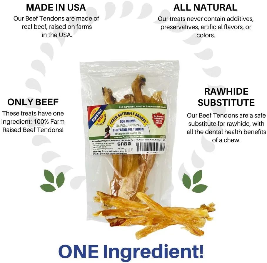 Beef Tendons for Dogs Made in USA. 6-10 Inch Grass Fed Farm-Raised American Beef Dog Treats. All Natural Dog Dental Chews. Grain Free Odor-Free Beef Dog Chews 5 Count
