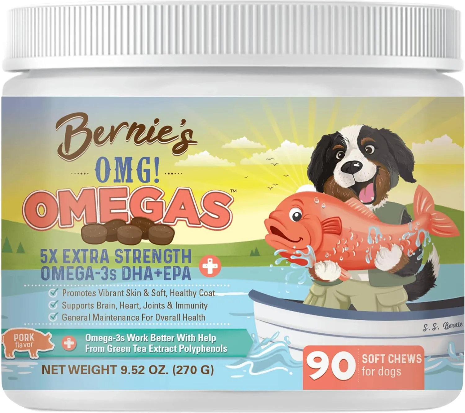 Bernies OMG!!! Omegas Chews for Dogs - 5X Extra Strength DHA EPA, Fish Oil, Healthy Skin & Coat, Allergy Relief, Joint Supplement (Pork Flavor)