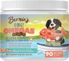 Bernies OMG!!! Omegas Chews for Dogs - 5X Extra Strength DHA EPA, Fish Oil, Healthy Skin & Coat, Allergy Relief, Joint Supplement (Pork Flavor)