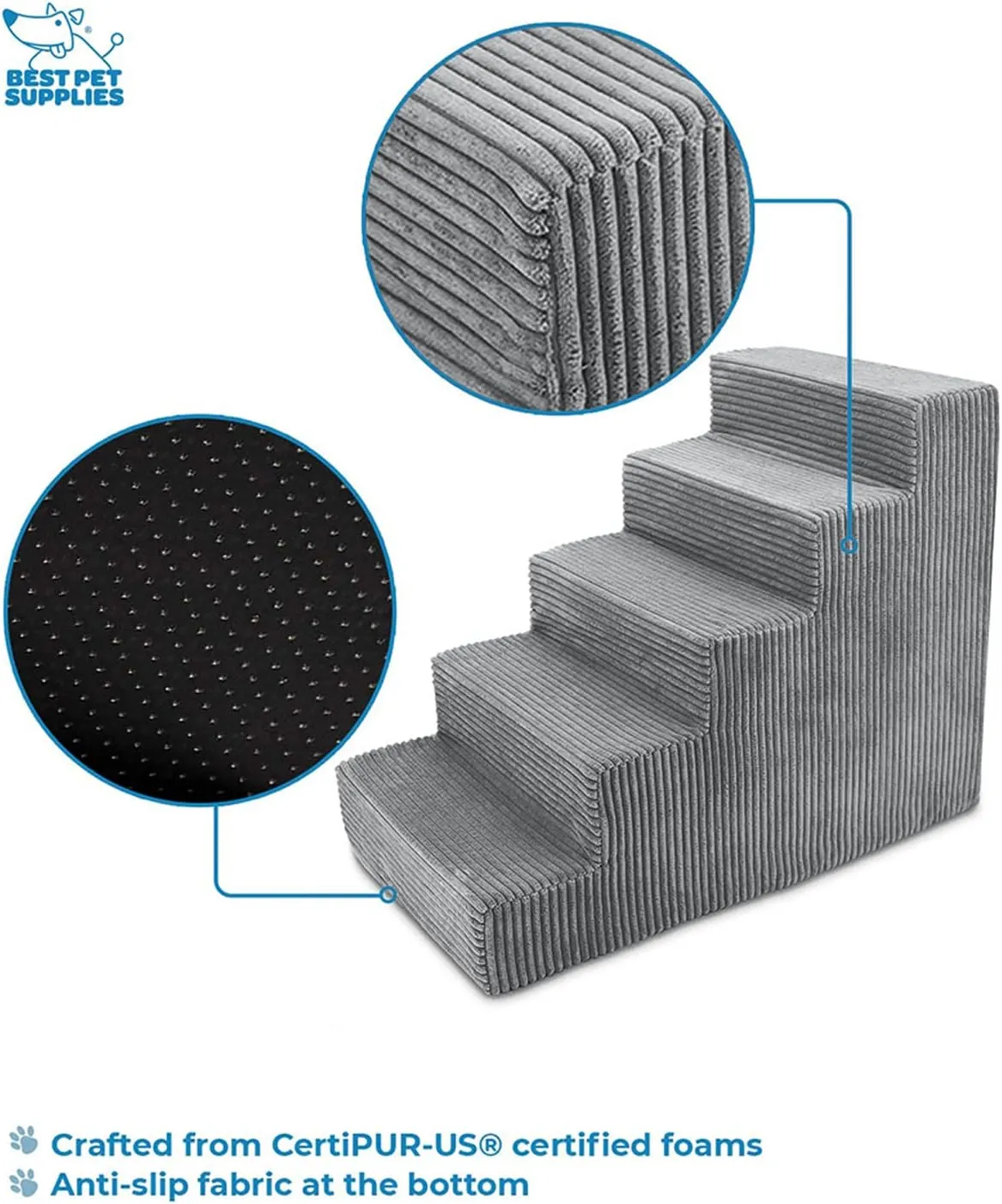 Best Pet Supplies Dog Stairs for Small Dogs & Cats, Foam Pet Steps Portable Ramp for Couch Sofa and High Bed Non-Slip Balanced Indoor Step Support, Paw Safe No Assembly - Gray, 5-Step