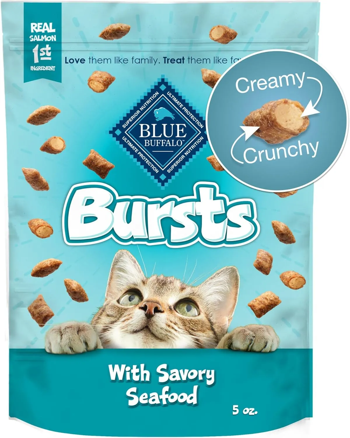 Blue Buffalo Bursts Crunchy & Creamy Cat Treats, Great for Training, Savory Seafood, 5-oz Bag
