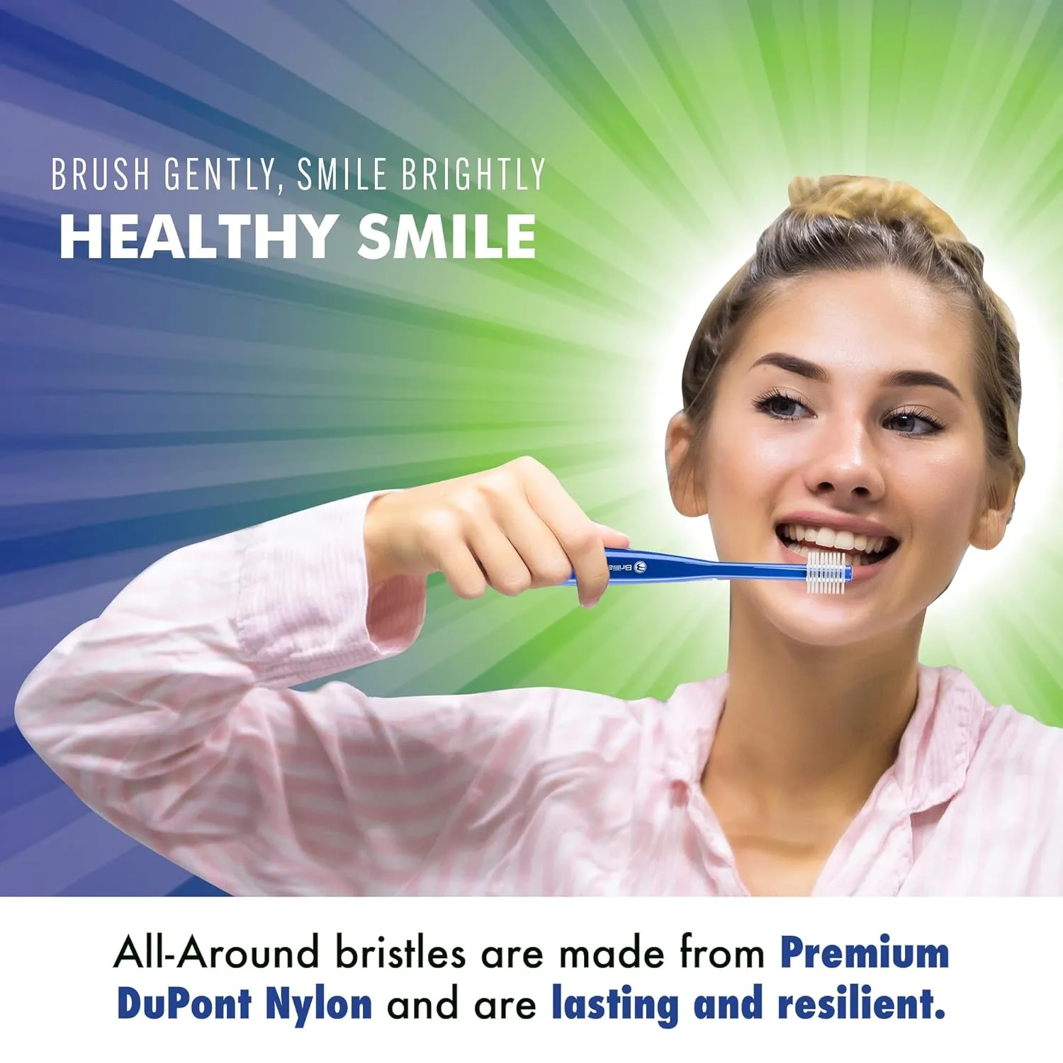 Brilliant Oral Care Adult Toothbrush with Soft Bristles, Round Head, and All-Around Clean for Teeth and Gums, Blue, 3 Pack