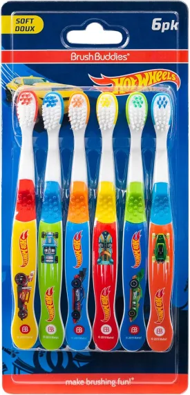 Brush Buddies Hot Wheels Toothbrush for Kids, Kids Toothbrushes, Toothbrush Pack, Soft Bristles for Kids, Toddler Ages 2-4, 6PK