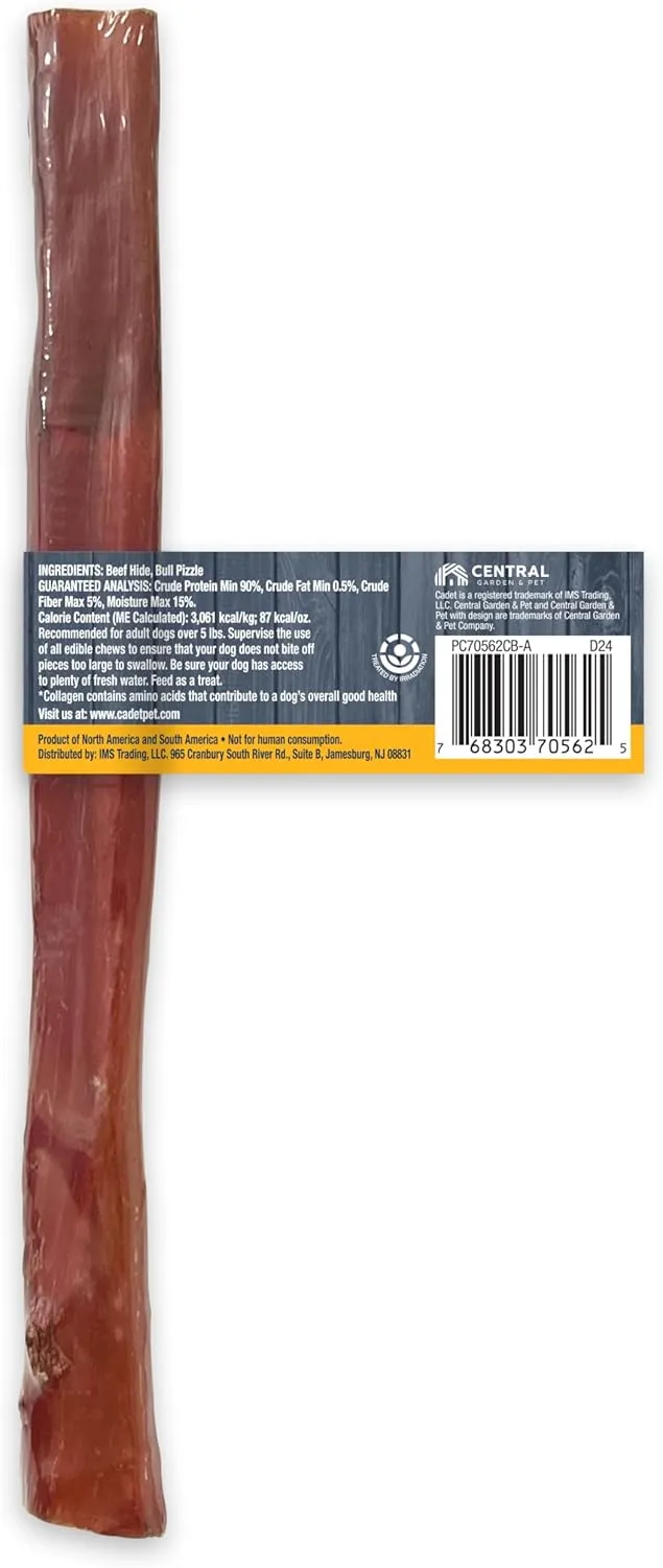 Cadet Bully Hide Sticks for Large Dogs, All-Natural Beef Pizzle, Limited-Ingredient Long-Lasting Dog Chews for Aggressive Chewers, 1 Count