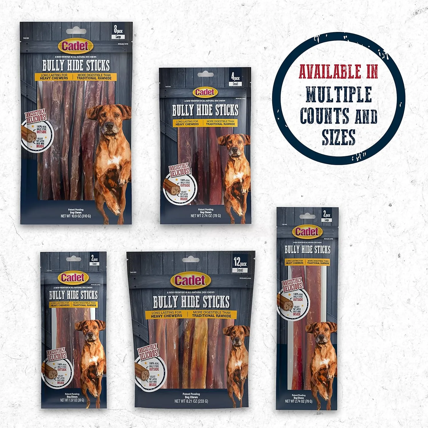 Cadet Bully Hide Sticks for Large Dogs, All-Natural Beef Pizzle, Limited-Ingredient Long-Lasting Dog Chews for Aggressive Chewers, 1 Count