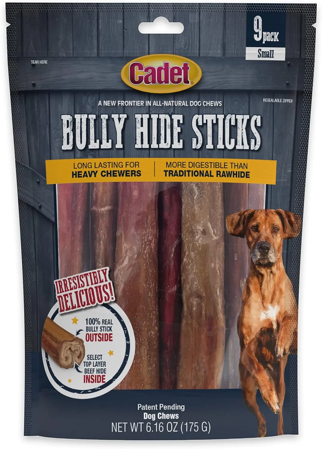 Cadet Bully Hide Sticks for Small Dogs, All-Natural Beef Pizzle, Limited-Ingredient Long-Lasting Dog Chews for Aggressive Chewers, 9 Count
