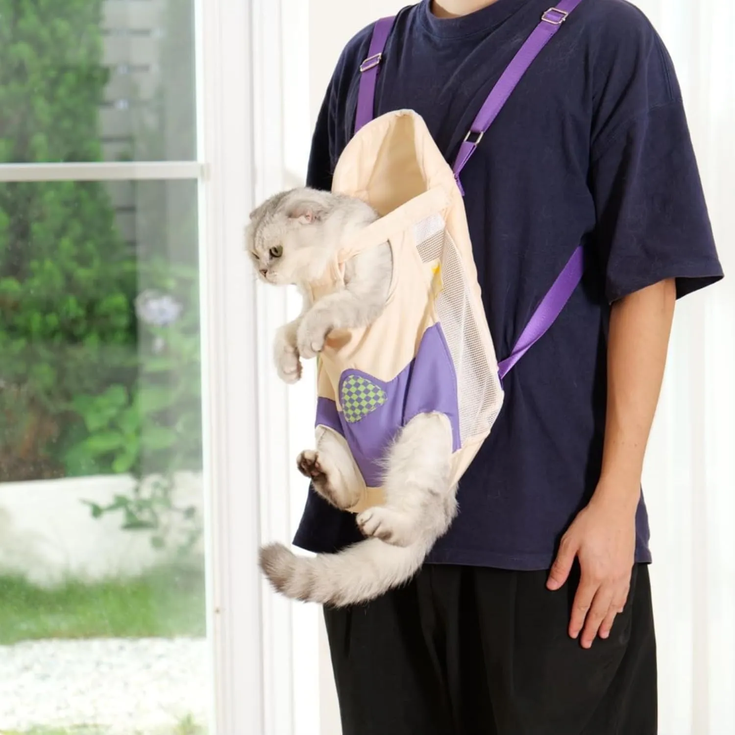Cat Carrier Backpack Head Out, Small Pet Dog Front Carrier for Hiking Travel, Adjustable Cat Chest Ventilated Kitten Carrier for Cycling Walking, Fits for 6lbs, Purple