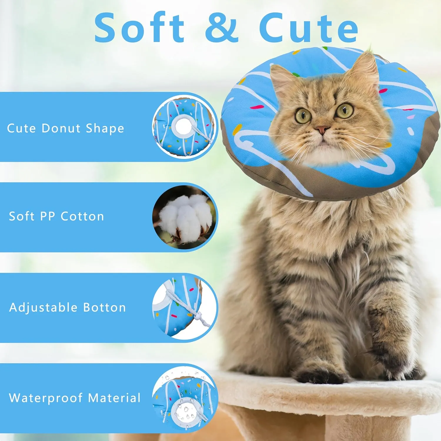 Cat Cone Collar Soft, Adjustable Cat Recovery Collar Kitten Cones to Stop Licking, Cute Donut E Collar After Surgery, Cats Neck Pillow Elizabethan Cones of Shame (Waterproof Blue, Medium)