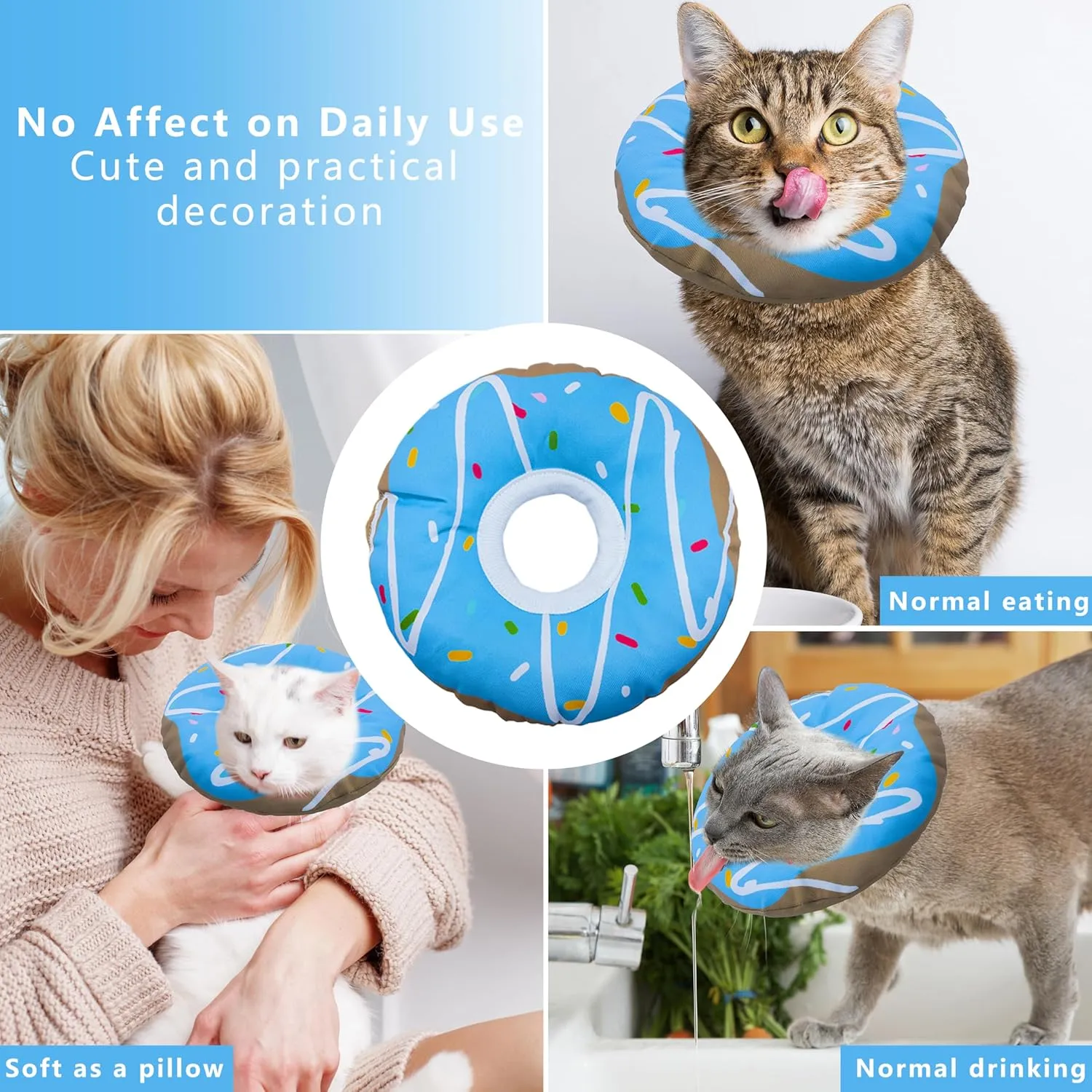 Cat Cone Collar Soft, Adjustable Cat Recovery Collar Kitten Cones to Stop Licking, Cute Donut E Collar After Surgery, Cats Neck Pillow Elizabethan Cones of Shame (Waterproof Blue, Medium)