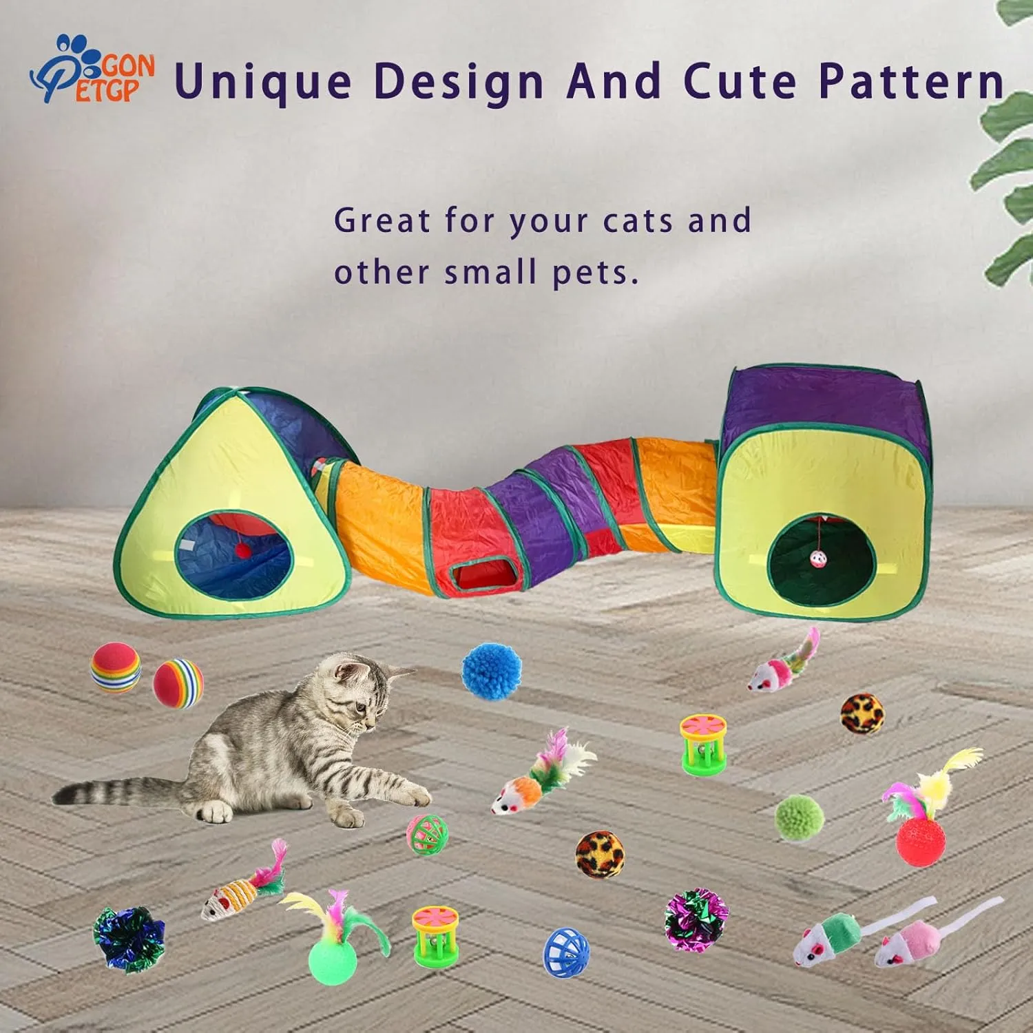 Cat Toys - Collapsible Pet Tunnel Cube Tent Set, Interactive Feather Teaser Wand, Cat Bell Balls & Fuzzy Mouse Toys for Indoor Kittens (Rainbow)