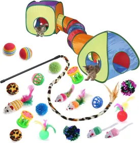 Cat Toys - Collapsible Pet Tunnel Cube Tent Set, Interactive Feather Teaser Wand, Cat Bell Balls & Fuzzy Mouse Toys for Indoor Kittens (Rainbow)